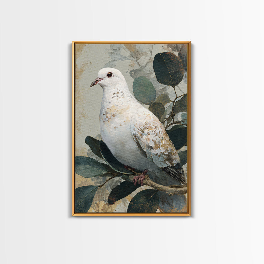 White Dove with Olive Branch and Calm Framed Canvas Print, Bird Art, Boho Decor, Living Room Decor, Fine Art, Flight, BIR-2x3-48