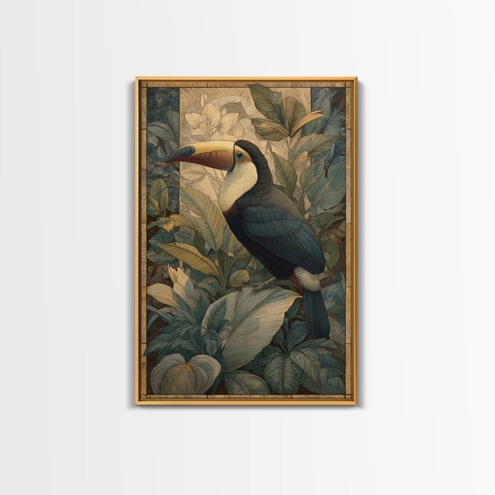 Toucan Framed by Bold Jungle Foliage Framed Canvas Print, Bird Art, Textured Painting, Living Room Decor, Fine Art, Flight, BIR-2x3-55