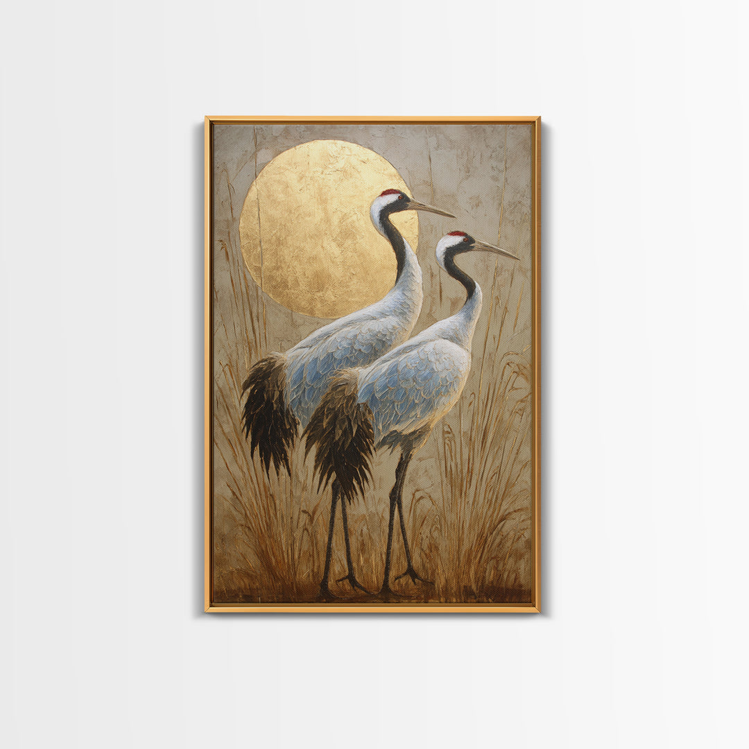 Pair of Cranes Dancing Framed Canvas Print, Bird Art, Digital Prints, Living Room Decor, Oil Painting, Flight, Modern Art, BIR-2x3-59