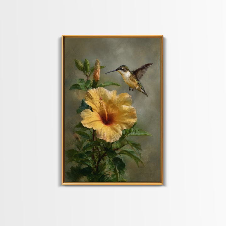 Hummingbird Hovering Beside Bright Hibiscus Framed Canvas Print, Bird Art, Wall Art, Living Room Decor, Fine Art, Flight, BIR-2x3-60
