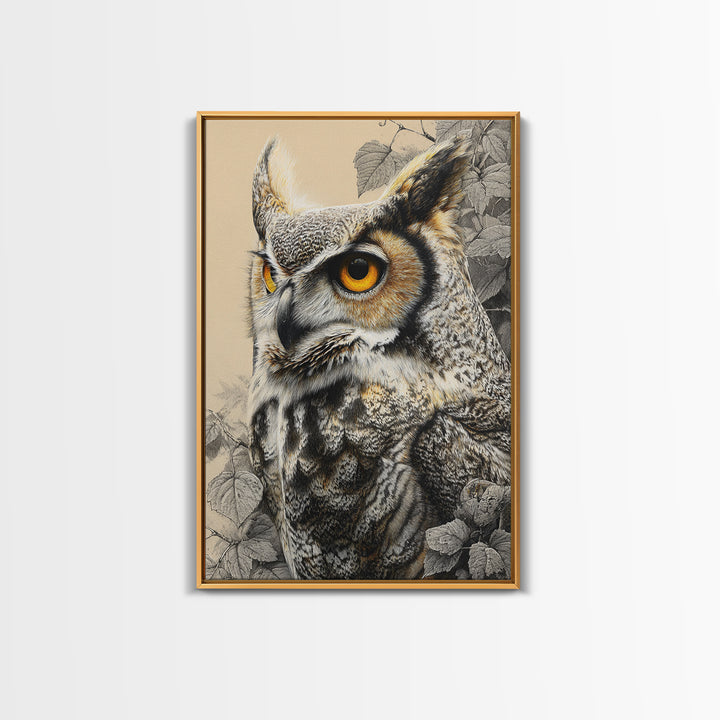 Owl Portrait with Wise Golden Eyes Canvas Print, Bird Art, Printable Art, Living Room Decor, Flight, Mid Century Wall Art, BIR-2x3-61