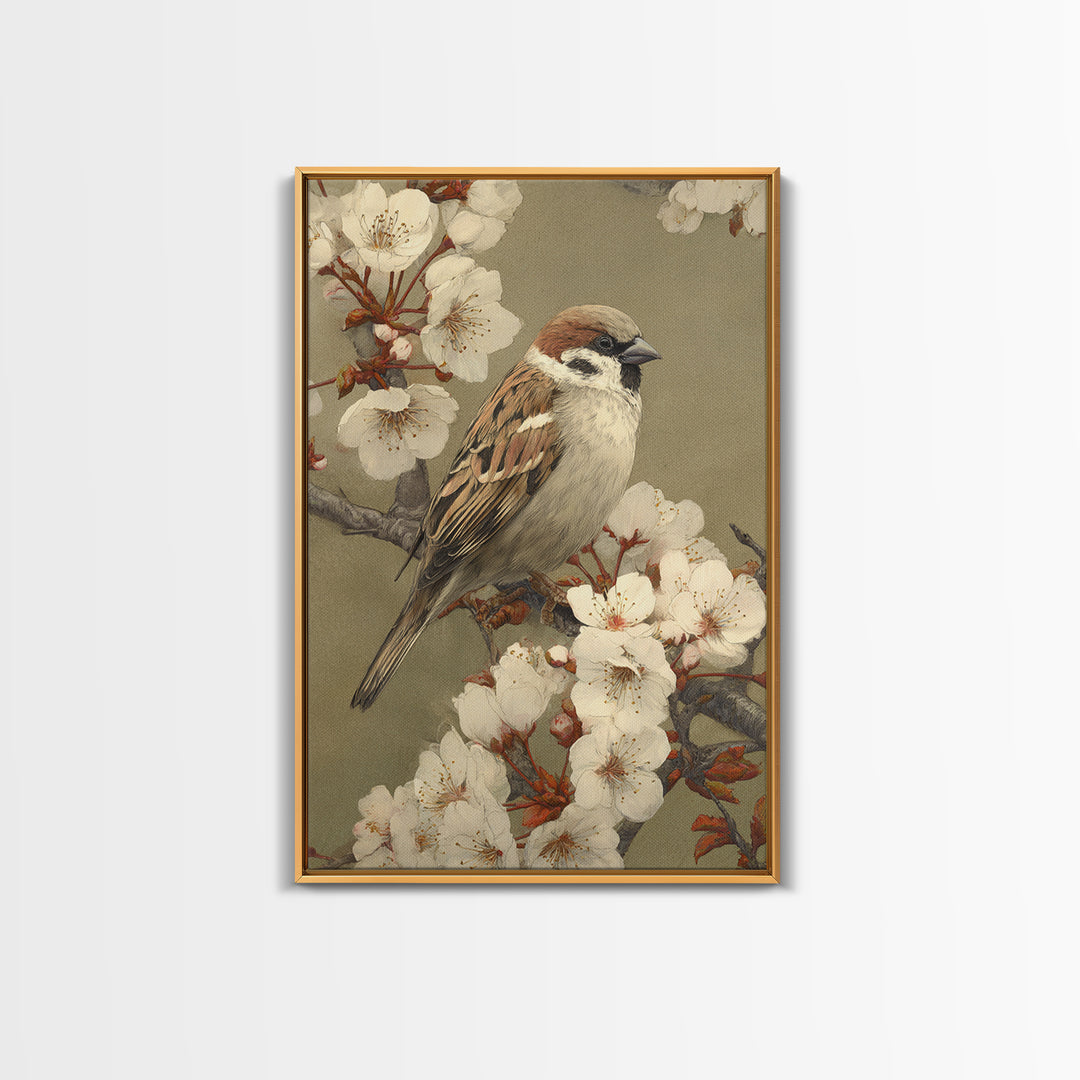Songbird Perched on Cherry Blossoms Framed Canvas Print, Bird Art, Room Decor, Living Room Decor, Fine Art, Flight, BIR-2x3-64