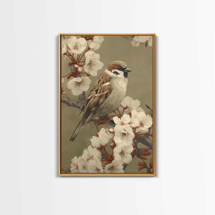 Songbird Perched on Cherry Blossoms Framed Canvas Print, Bird Art, Room Decor, Living Room Decor, Fine Art, Flight, BIR-2x3-64