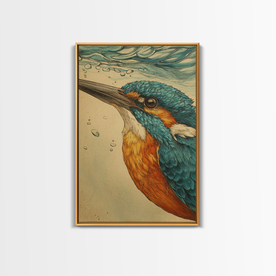 Kingfisher Diving Toward Blue Water Canvas Print, Bird Art, Mid Century Modern, Living Room Decor, Flight, Botanical Wall Art, BIR-2x3-67