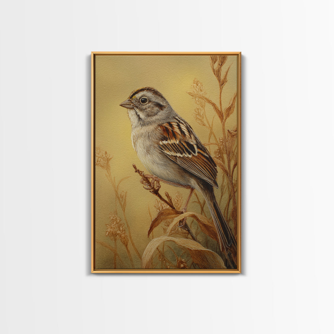 Small Sparrow on Wildflower Stem Canvas Print, Bird Art, Wall Decor, Living Room Decor, Oil Painting, Flight, Boho Wall Decor, BIR-2x3-70