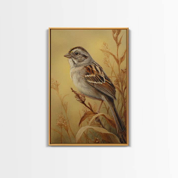 Small Sparrow on Wildflower Stem Canvas Print, Bird Art, Wall Decor, Living Room Decor, Oil Painting, Flight, Boho Wall Decor, BIR-2x3-70