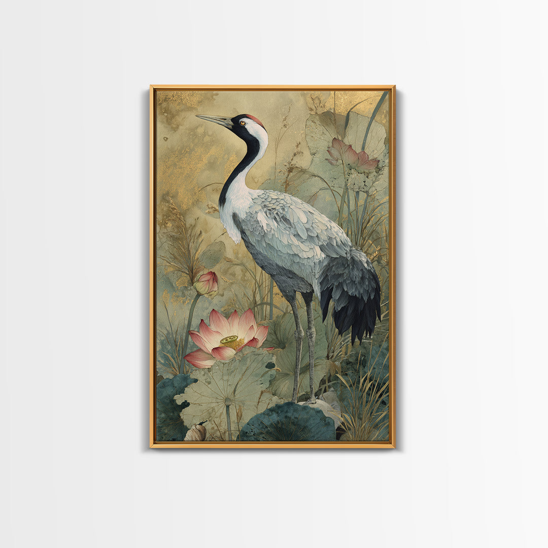 Crane and Lotus Composition Framed Canvas Print, Bird Art, Watercolor Painting, Living Room Decor, Flight, Living Room Art, BIR-2x3-73