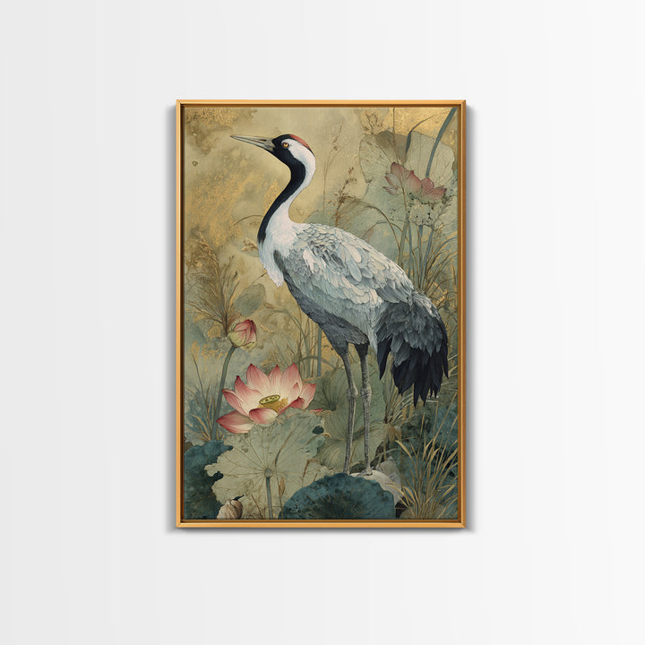 Crane and Lotus Composition Framed Canvas Print, Bird Art, Watercolor Painting, Living Room Decor, Flight, Living Room Art, BIR-2x3-73