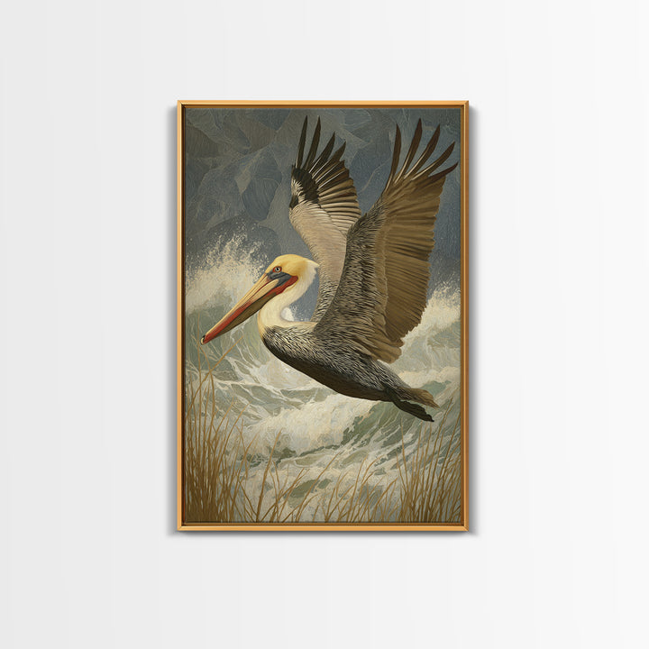Pelican Flying over Coastal Waves Framed Canvas Print, Bird Art, Digital Prints, Living Room Decor, Watercolor Art, Flight, BIR-2x3-74