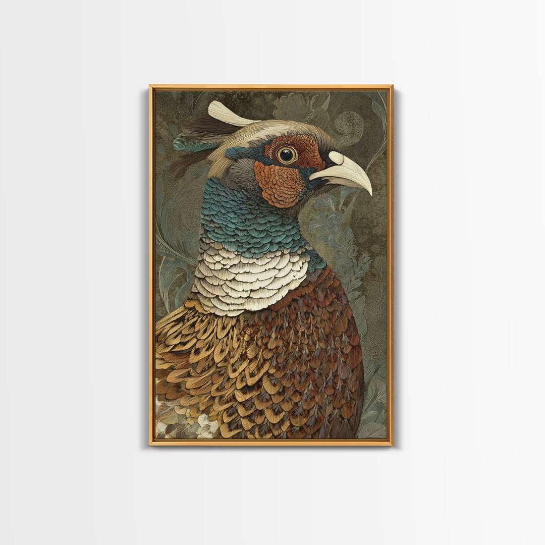 Pheasant with Ornate Feather Details Framed Canvas Print, Bird Art, Original Art, Living Room Decor, Fine Art, Flight, BIR-2x3-75