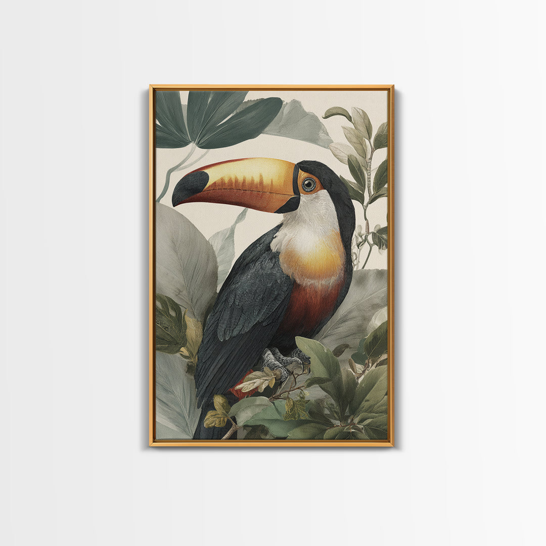 Toucan Framed by Bold Jungle Foliage Canvas Print, Bird Art, Wall Decor, Living Room Decor, Fine Art, Flight, Boho Wall Decor, BIR-2x3-79
