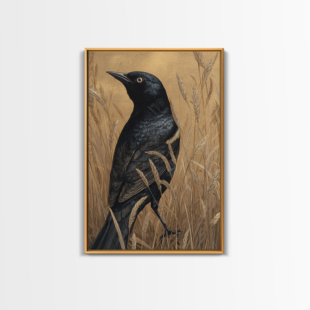 Blackbird on Gold Wheat Field Framed Canvas Print, Bird Art, Bird Prints, Living Room Decor, Oil Painting, Flight, Modern Decor, BIR-2x3-8