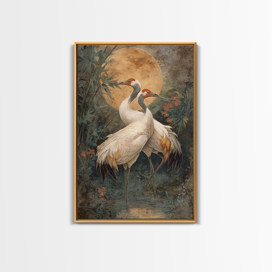 Pair of Cranes Dancing Framed Canvas Print, Bird Art, Boho Wall Decor, Living Room Decor, Abstract Art, Flight, Nature Wall Art, BIR-2x3-83