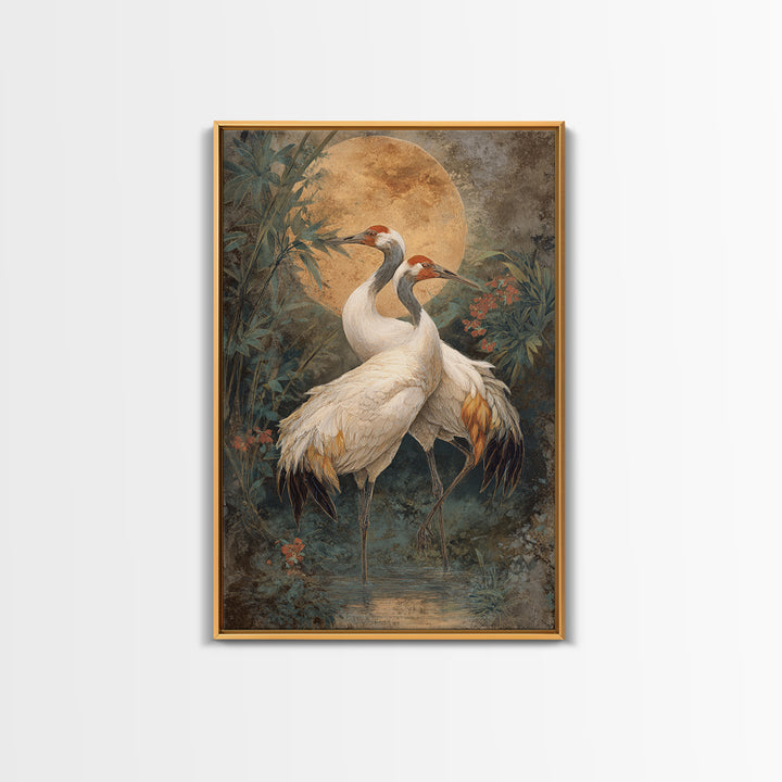 Pair of Cranes Dancing Framed Canvas Print, Bird Art, Boho Wall Decor, Living Room Decor, Abstract Art, Flight, Nature Wall Art, BIR-2x3-83