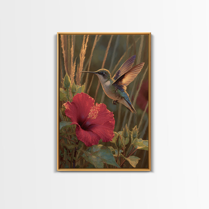 Hummingbird Hovering Beside Bright Hibiscus Framed Canvas Print, Bird Art, Nature Prints, Living Room Decor, Fine Art, Flight, BIR-2x3-84