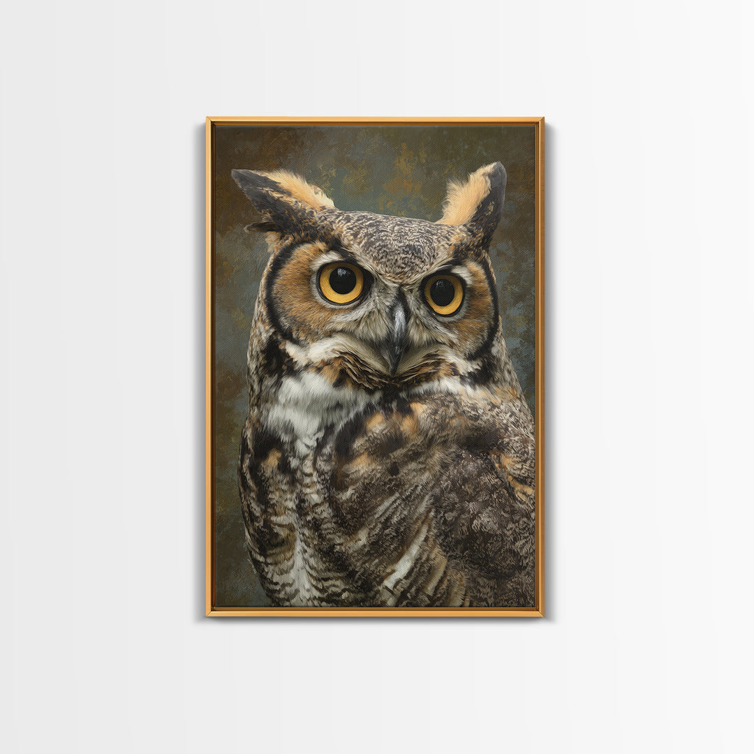 Owl Portrait with Wise Golden Eyes Framed Canvas Print, Bird Art, Boho Wall Decor, Living Room Decor, Fine Art, Flight, BIR-2x3-85