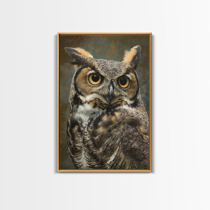 Owl Portrait with Wise Golden Eyes Framed Canvas Print, Bird Art, Boho Wall Decor, Living Room Decor, Fine Art, Flight, BIR-2x3-85
