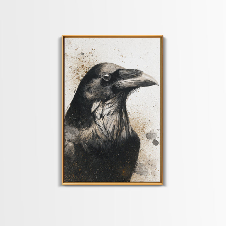 Raven Silhouette with Gothic Atmosphere Framed Canvas Print, Bird Art, Living Room Decor, Watercolor Art, Flight, BIR-2x3-89