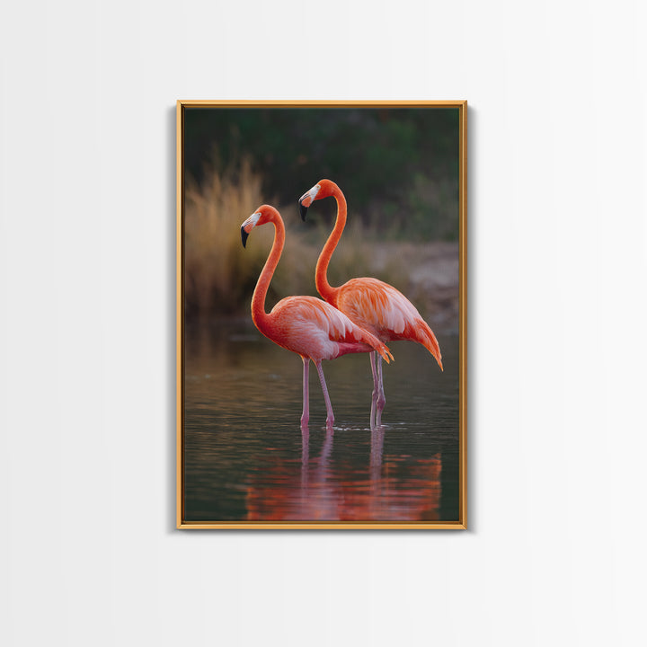 Flamingo Pair in Coral Water Reflections Framed Canvas Print, Bird Art, Original Art, Living Room Decor, Fine Art, Flight, BIR-2x3-90