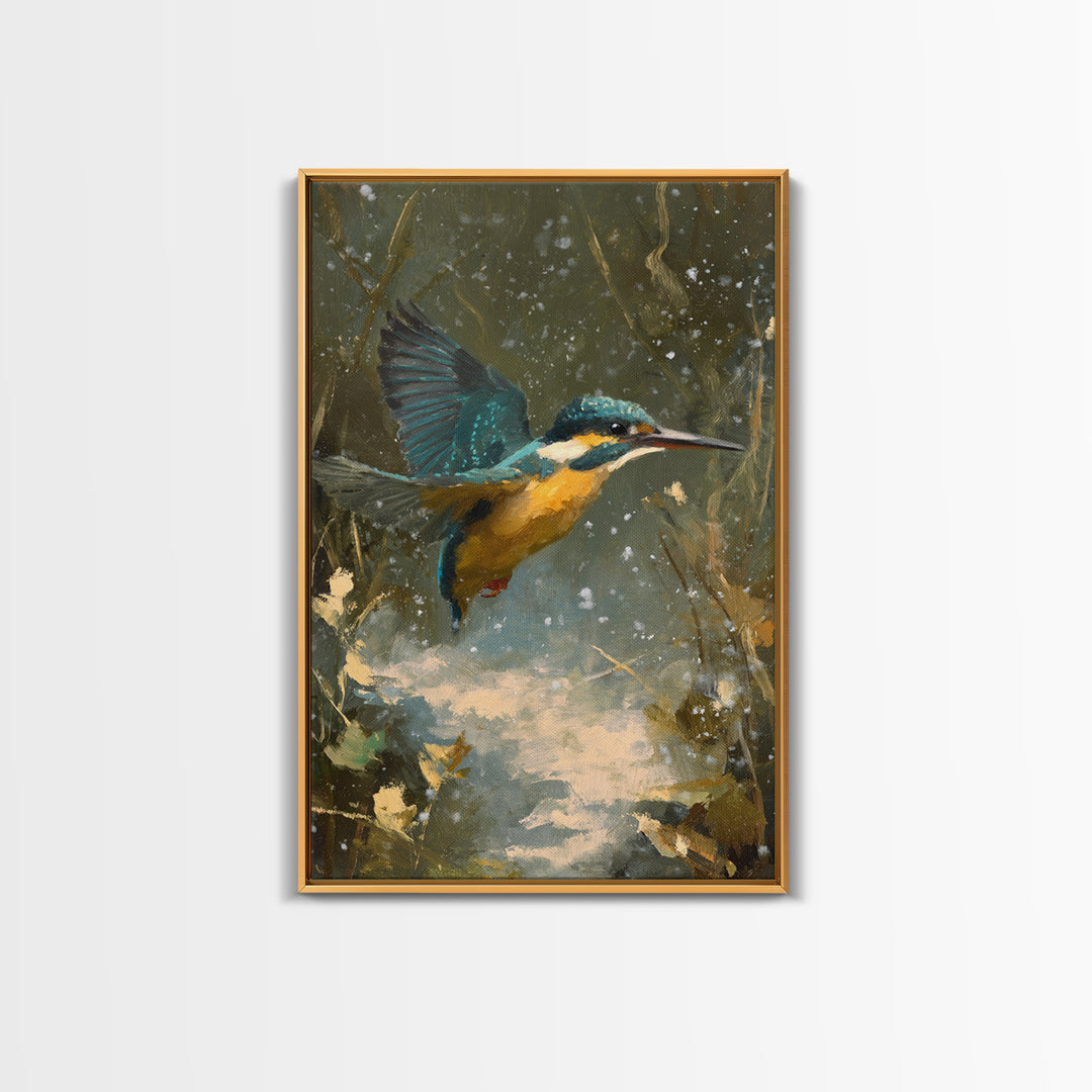 Kingfisher Diving Toward Blue Water Canvas Print, Bird Art, Modern Art, Living Room Decor, Fine Art, Flight, Floral Art, BIR-2x3-91