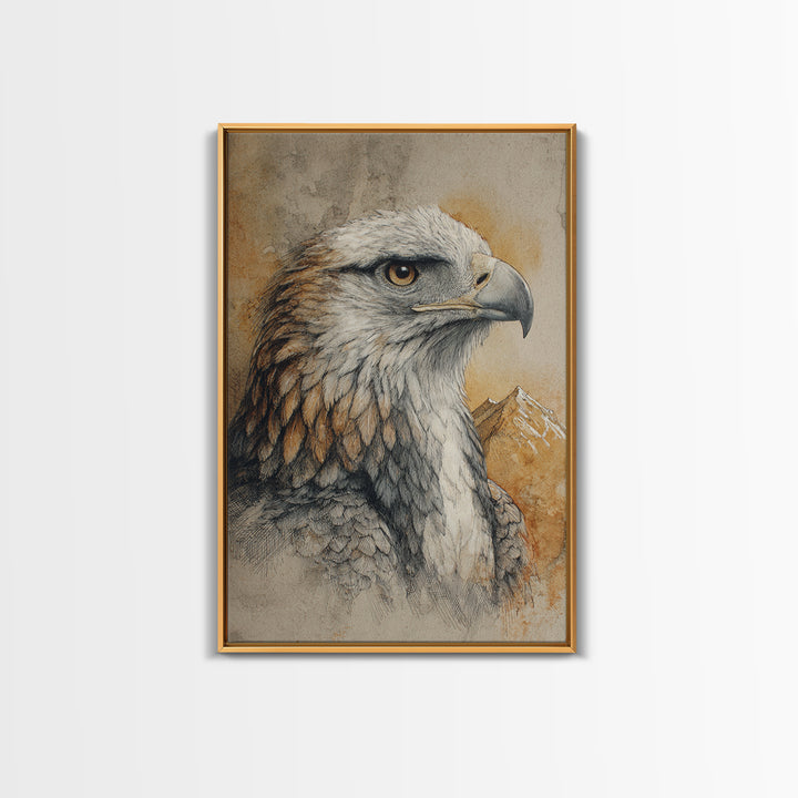 Eagle Portrait with Dramatic Mountain Wind Framed Canvas Print, Bird Art, Gallery Decor, Living Room Decor, Fine Art, Flight, BIR-2x3-92