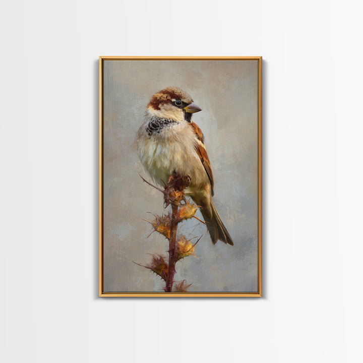 Small Sparrow on Wildflower Stem Framed Canvas Print, Bird Art, Digital Print, Living Room Decor, Watercolor Art, Flight, BIR-2x3-94
