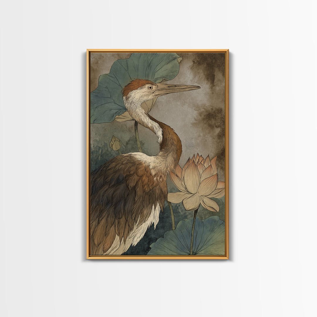 Crane and Lotus Composition Framed Canvas Print, Bird Art, Watercolor Painting, Living Room Decor, Flight, Living Room Art, BIR-2x3-97