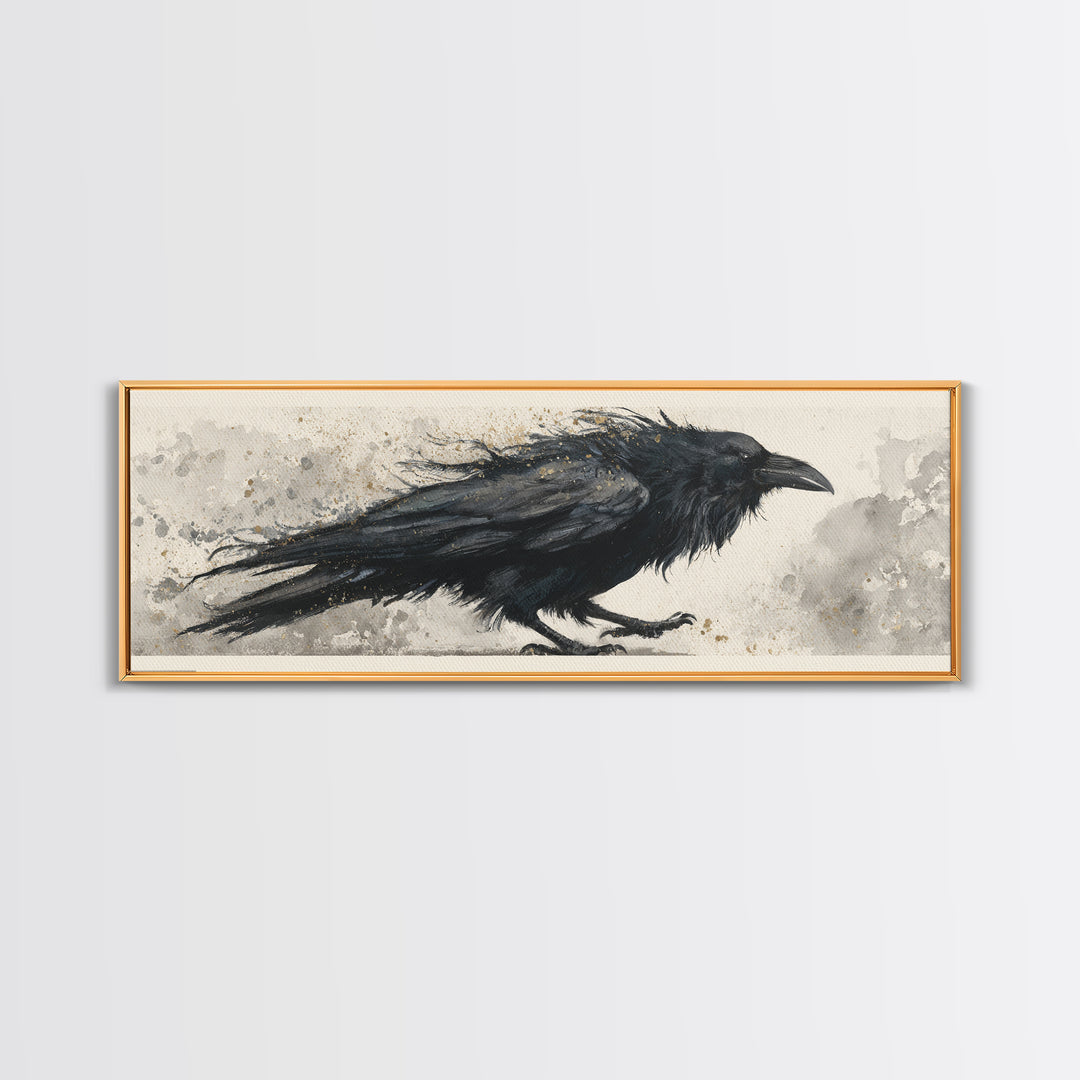 Raven Silhouette with Gothic Atmosphere Framed Canvas Print, Bird Art, Modern Wall Art, Living Room Decor, Fine Art, Flight, BIR-3x1-1