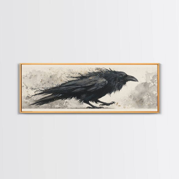 Raven Silhouette with Gothic Atmosphere Framed Canvas Print, Bird Art, Modern Wall Art, Living Room Decor, Fine Art, Flight, BIR-3x1-1
