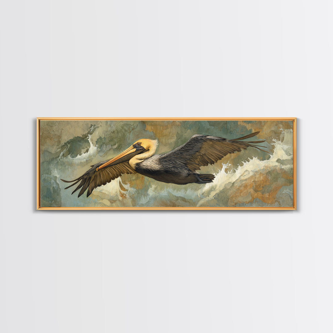 Pelican Flying over Coastal Waves Framed Canvas Print, Bird Art, Home Decor, Living Room Decor, Flight, Modern Wall Art, BIR-3x1-10