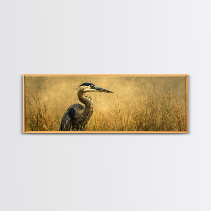 Blue Heron in Misty Marsh Grass Framed Canvas Print, Bird Art, Printable Art, Living Room Decor, Flight, Mid Century Wall Art, BIR-3x1-18