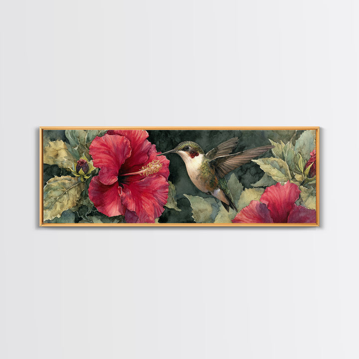 Hummingbird Hovering Beside Bright Hibiscus Canvas Print, Bird Art, Bird Wall Art, Living Room Decor, Fine Art, Flight, BIR-3x1-20