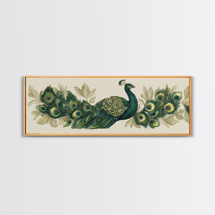 Peacock with Jewel Tone Feather Pattern Framed Canvas Print, Bird Art, Boho Decor, Living Room Decor, Fine Art, Flight, BIR-3x1-23