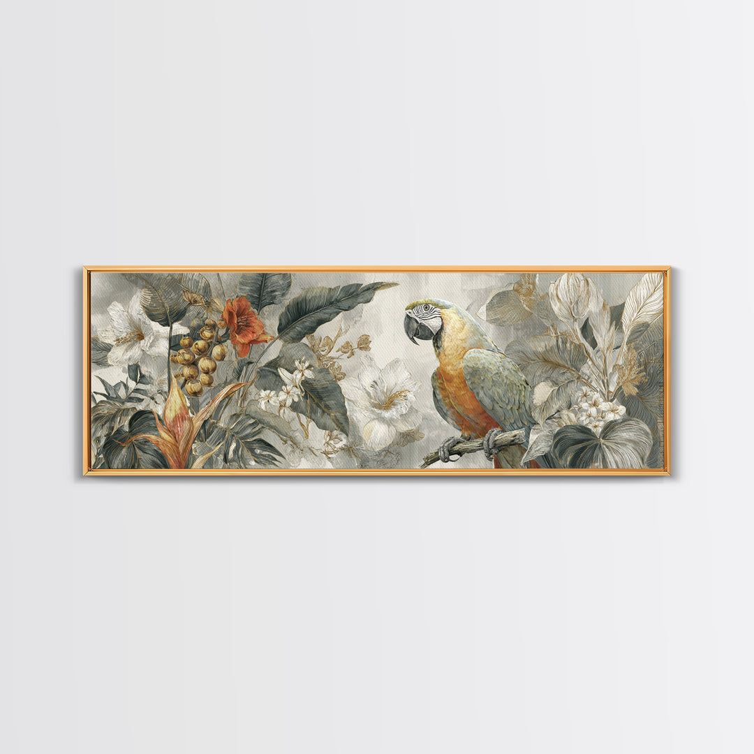 Parrot Among Tropical Leaves and Fruit Canvas Print, Bird Art, Boho Wall Decor, Living Room Decor, Oil Painting, Flight, BIR-3x1-29