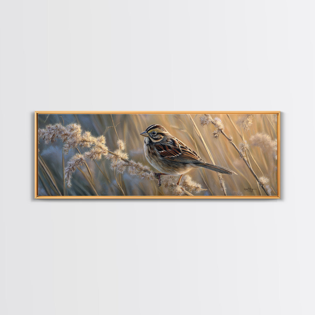 Small Sparrow on Wildflower Stem Canvas Print, Bird Art, Wall Art, Living Room Decor, Watercolor Art, Flight, Japanese Wall Art, BIR-3x1-30