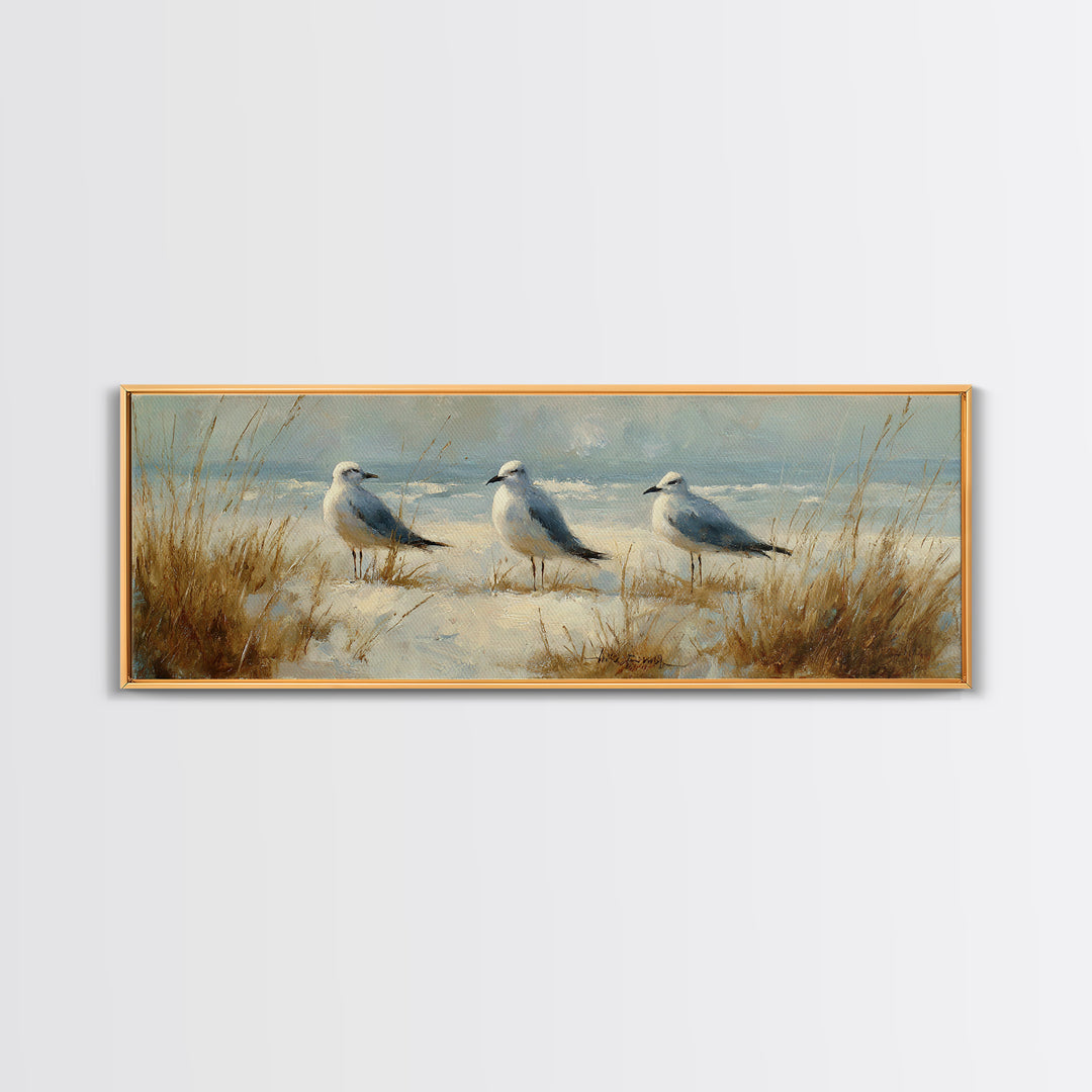 Seagulls Above a Pale Beach Horizon Canvas Print, Bird Art, Forest Wall Art, Living Room Decor, Flight, Minimalist Decor, BIR-3x1-36