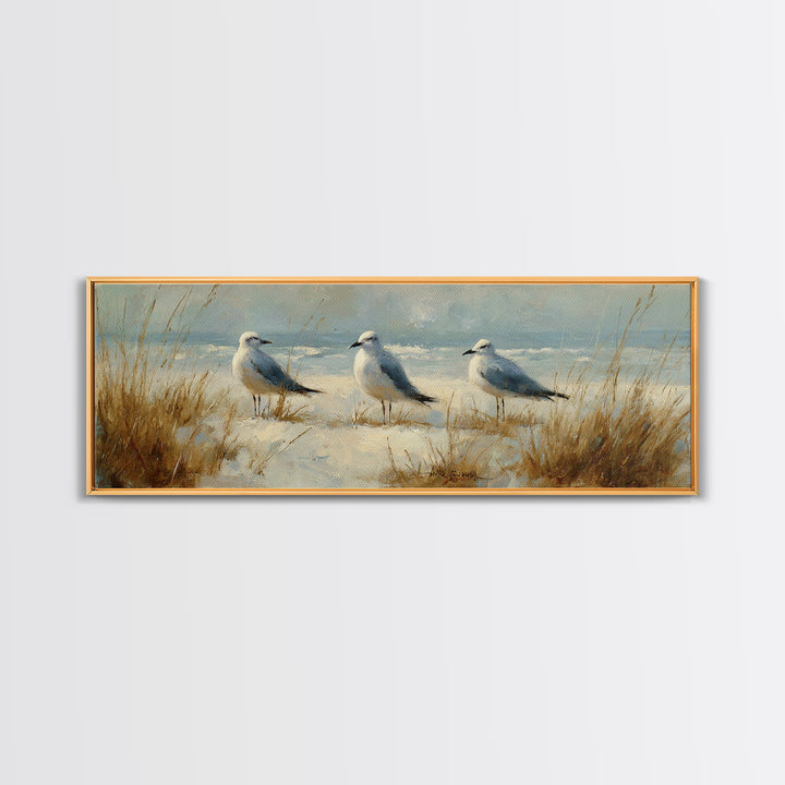 Seagulls Above a Pale Beach Horizon Canvas Print, Bird Art, Forest Wall Art, Living Room Decor, Flight, Minimalist Decor, BIR-3x1-36