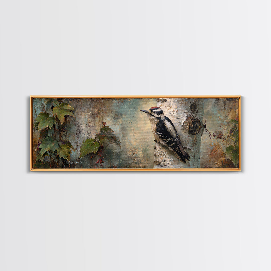 Woodpecker on Birch Bark Texture Framed Canvas Print, Bird Art, Modern Art, Living Room Decor, Watercolor Art, Flight, BIR-3x1-37