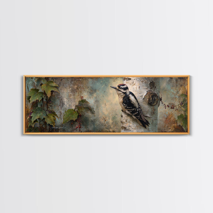 Woodpecker on Birch Bark Texture Framed Canvas Print, Bird Art, Modern Art, Living Room Decor, Watercolor Art, Flight, BIR-3x1-37