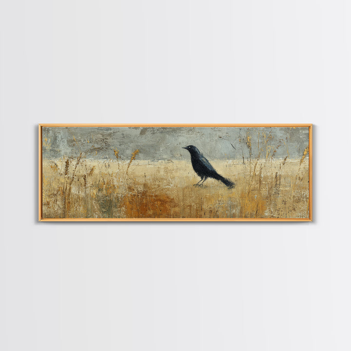 Blackbird on Gold Wheat Field Canvas Print, Bird Art, Gallery Decor, Living Room Decor, Fine Art, Flight, Contemporary Art, BIR-3x1-40