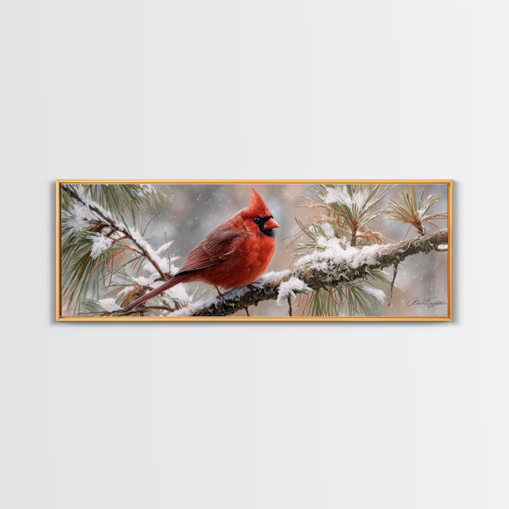 Red Cardinal on Snowy Pine Branch Canvas Print, Bird Art, Nature Prints, Living Room Decor, Fine Art, Flight, Boho Decor, BIR-3x1-41