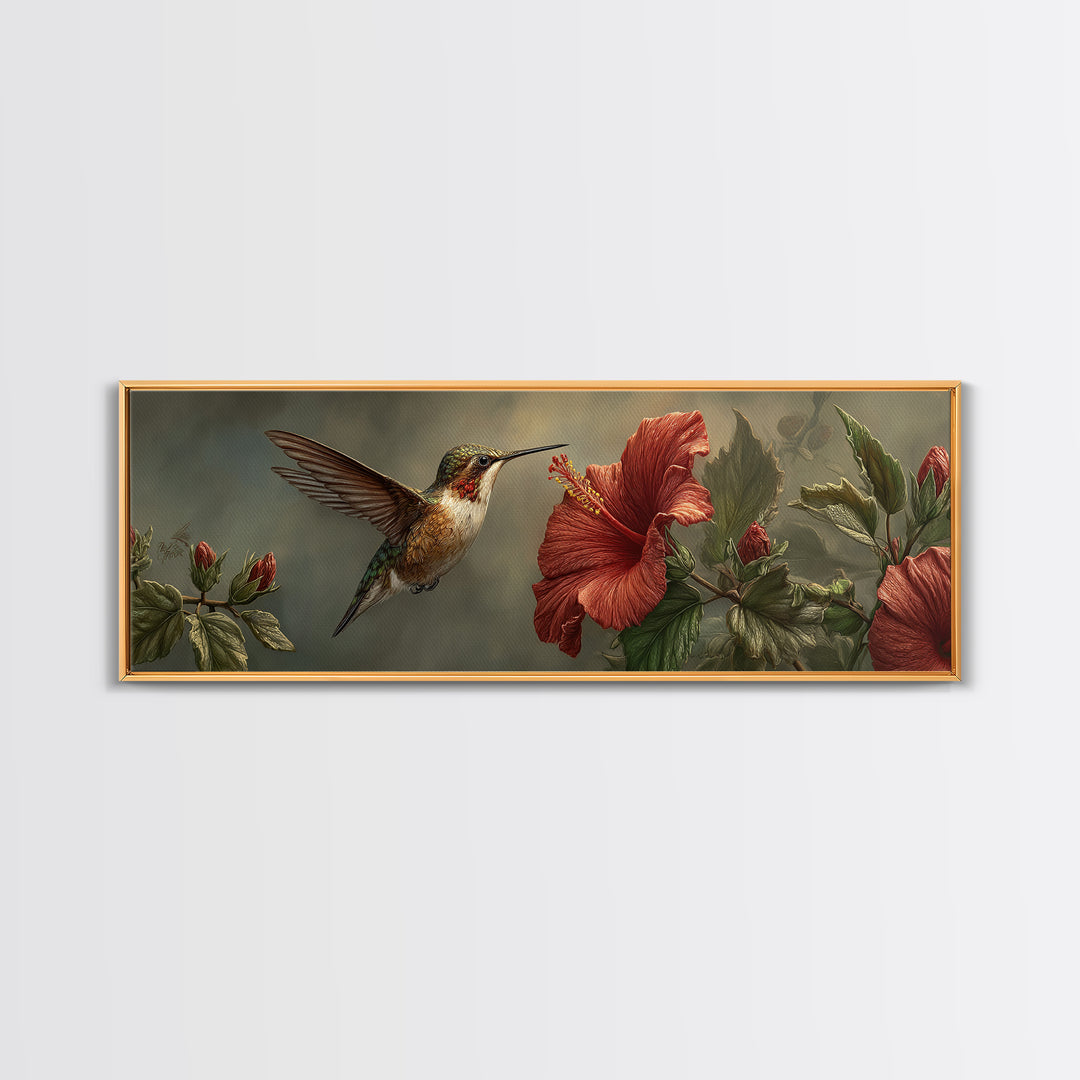 Hummingbird Hovering Beside Bright Hibiscus Framed Canvas Print, Bird Art, Neutral Decor, Living Room Decor, Fine Art, Flight, BIR-3x1-44
