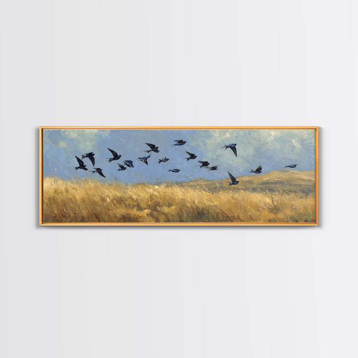 Flock of Swallows Sweeping Across Open Sky Canvas Print, Bird Art, Living Room Decor, Fine Art, Flight, Rustic Home Decor, BIR-3x1-46