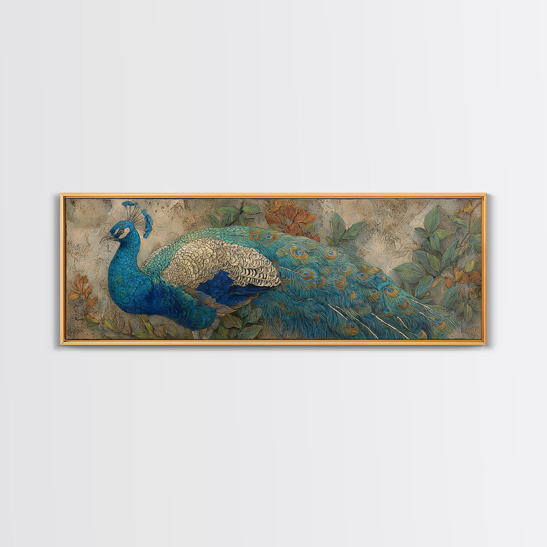 Peacock with Jewel Tone Feather Pattern Framed Canvas Print, Bird Art, Digital Prints, Living Room Decor, Oil Painting, Flight, BIR-3x1-47