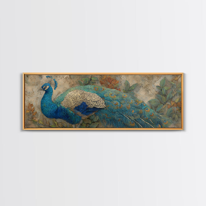 Peacock with Jewel Tone Feather Pattern Framed Canvas Print, Bird Art, Digital Prints, Living Room Decor, Oil Painting, Flight, BIR-3x1-47