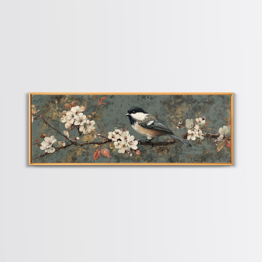 Songbird Perched on Cherry Blossoms Canvas Print, Bird Art, Art Print, Living Room Decor, Fine Art, Flight, Original Art, BIR-3x1-48