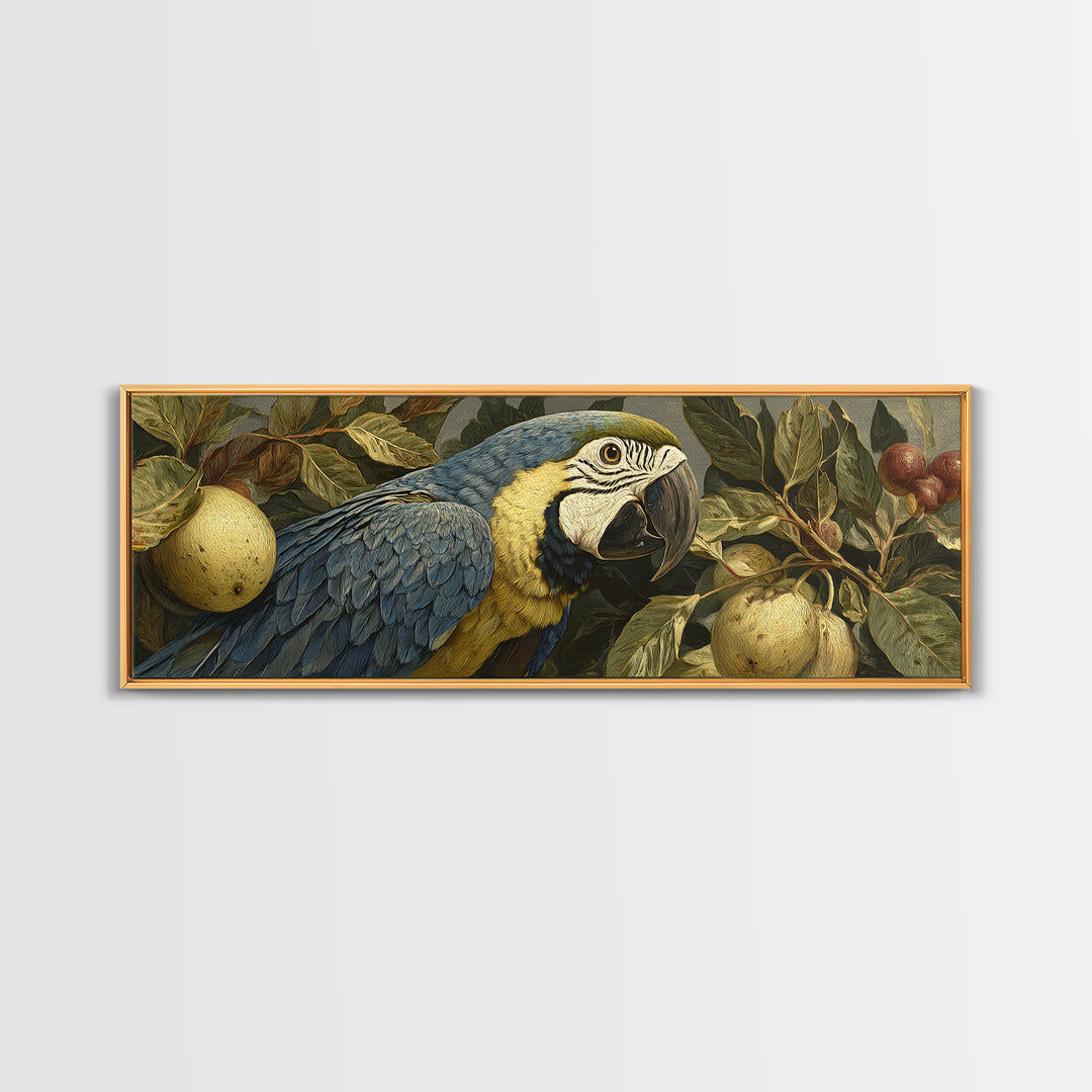 Parrot Among Tropical Leaves and Fruit Framed Canvas Print, Bird Art, Printable Art, Living Room Decor, Watercolor Art, Flight, BIR-3x1-5