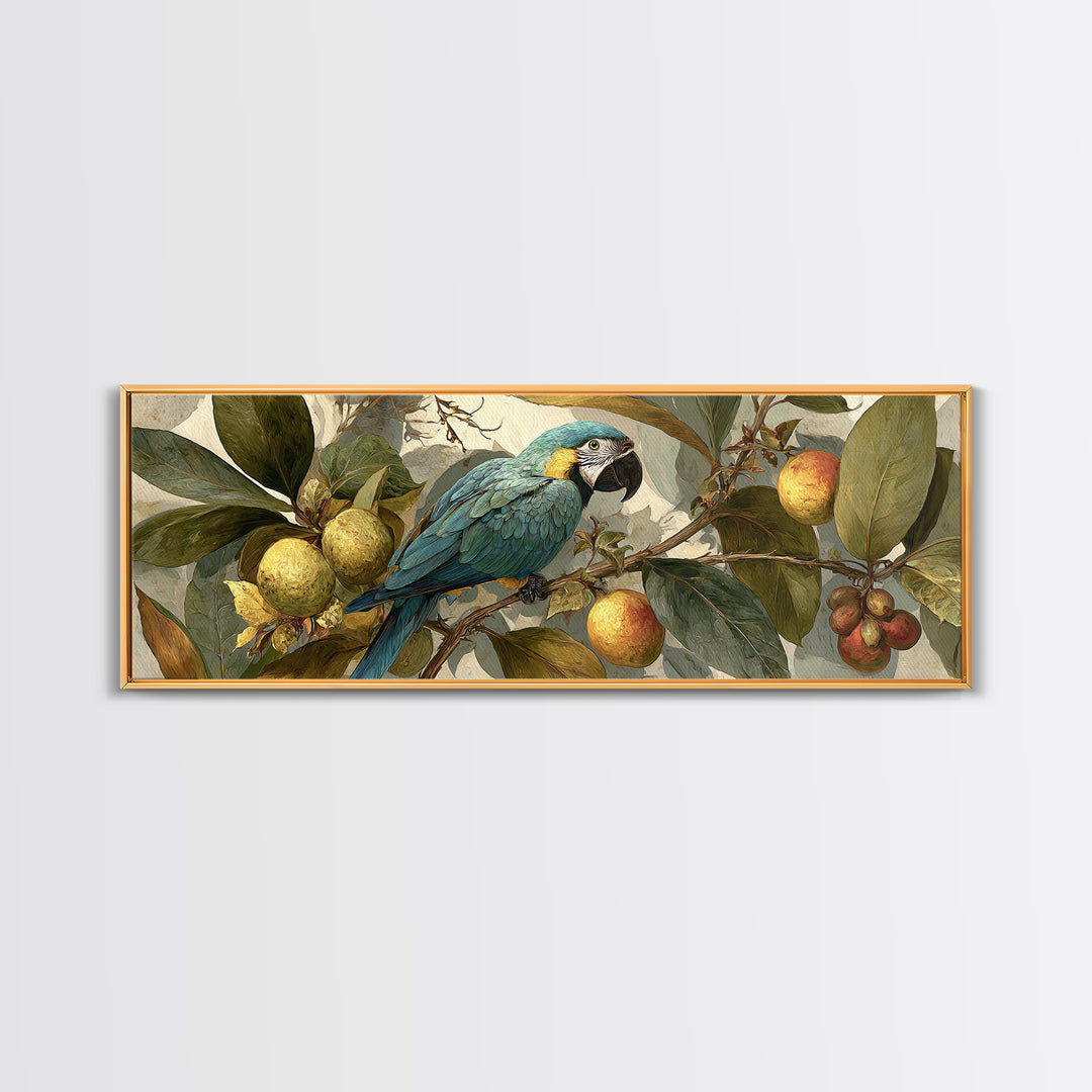 Parrot Among Tropical Leaves and Fruit Framed Canvas Print, Bird Art, Bird Prints, Living Room Decor, Fine Art, Flight, BIR-3x1-53