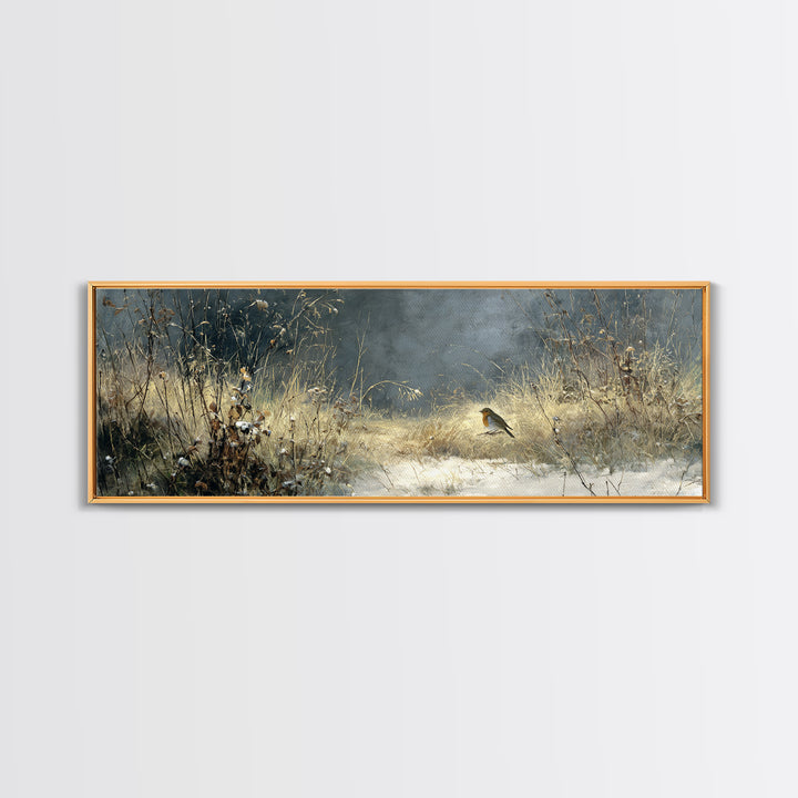 Robin in a Spring Garden with Soft Framed Canvas Print, Bird Art, Contemporary Art, Living Room Decor, Oil Painting, Flight, BIR-3x1-55