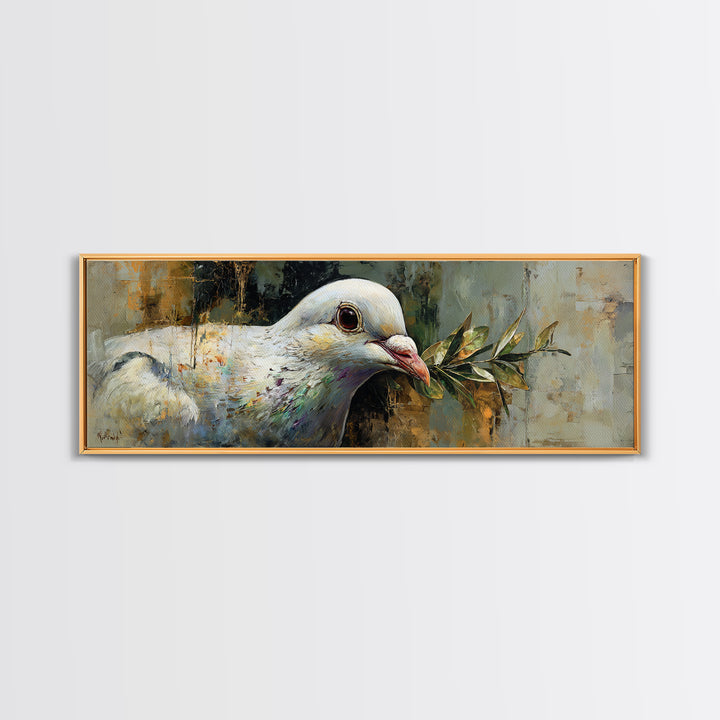 White Dove with Olive Branch and Calm Framed Canvas Print, Bird Art, Textured Painting, Living Room Decor, Oil Painting, Flight, BIR-3x1-56